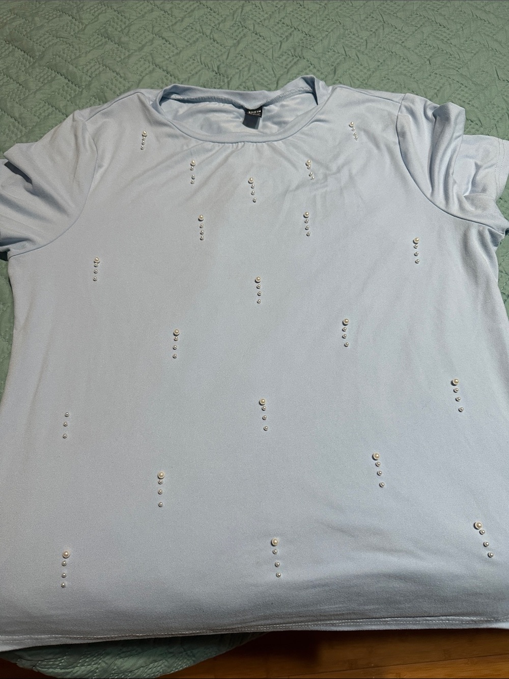 SHEIN Light Blue Short Sleeve Tee with Pearl Studs